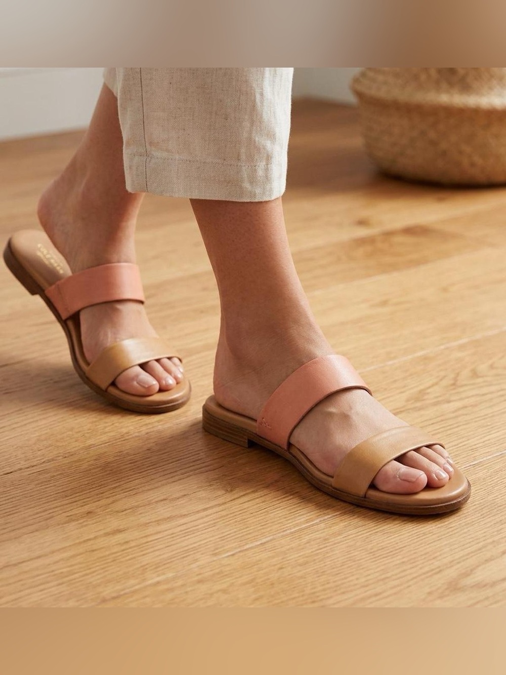 Cole Haan Findra II Pink and Tan Leather Slide Sandals Sz 9